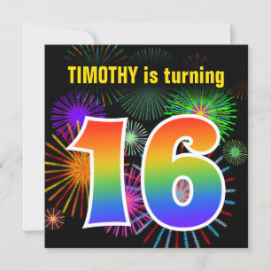 Roligt Fireworks + Rainbow Mönster "16" Birthday # Inbjudningar