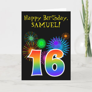 Roligt Fireworks + Rainbow Mönster "16" Birthday # Kort