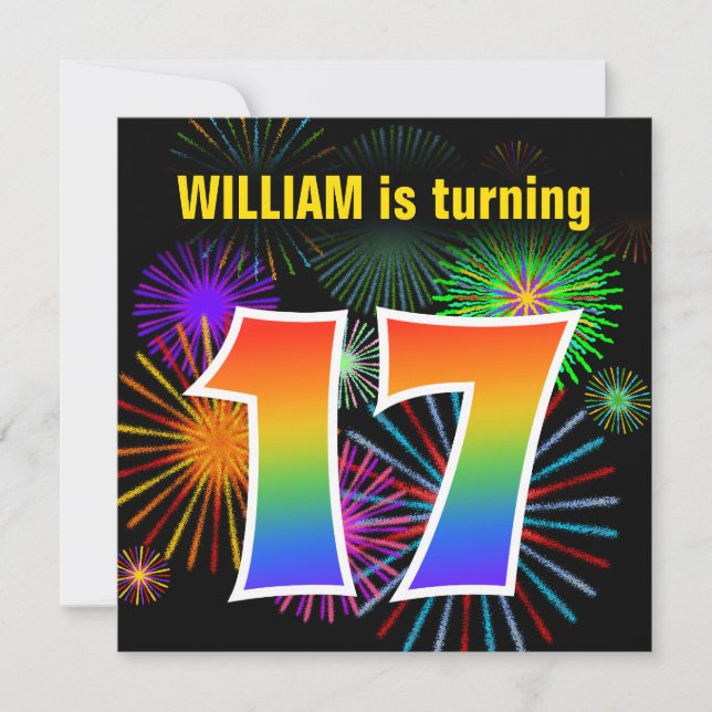 Roligt Fireworks + Rainbow Mönster "17" Birthday # Inbjudningar (Framsida)