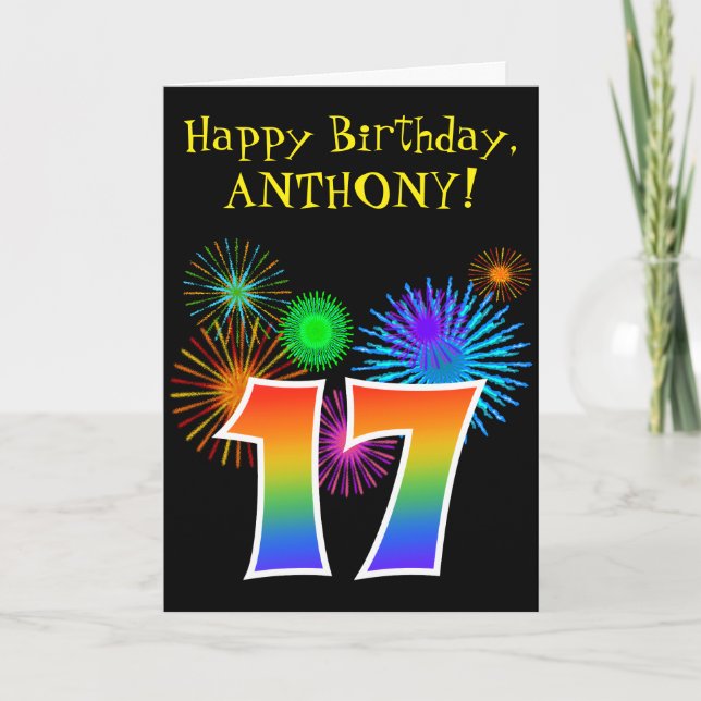 Roligt Fireworks + Rainbow Mönster "17" Birthday # Kort (Framsida)