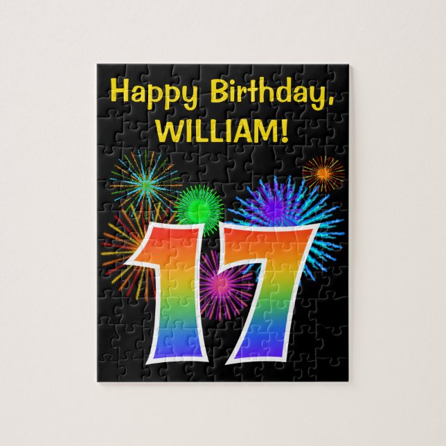 Roligt Fireworks + Rainbow Mönster "17" Birthday # Pussel (Vertikal)