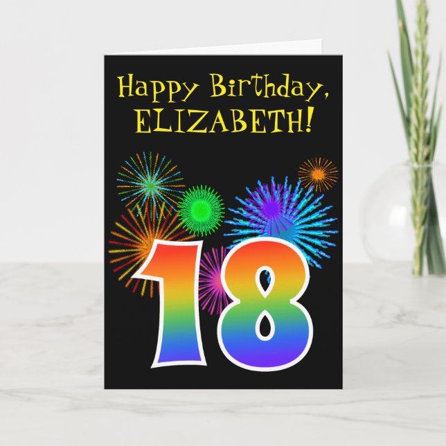 Roligt Fireworks + Rainbow Mönster ’18’ Birthday # Kort (Framsida)