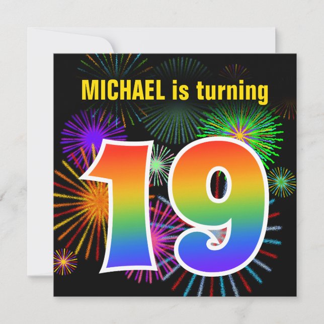 Roligt Fireworks + Rainbow Mönster ’19’ Birthday # Inbjudningar (Framsida)