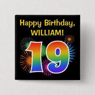 Roligt Fireworks + Rainbow Mönster ’19’ Birthday # Knapp