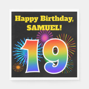 Roligt Fireworks + Rainbow Mönster ’19’ Birthday # Pappersservett