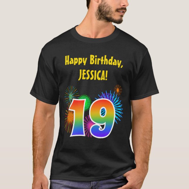 Roligt Fireworks + Rainbow Mönster ’19’ Birthday # T Shirt (Framsida)