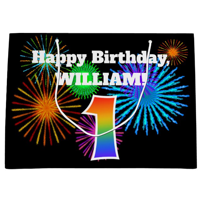 Roligt Fireworks + Rainbow Mönster ’1’ Birthday # (Framsidan)