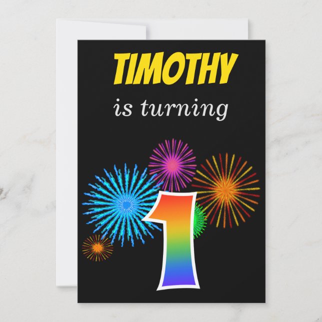 Roligt Fireworks + Rainbow Mönster ’1’ Birthday # Inbjudningar (Framsida)