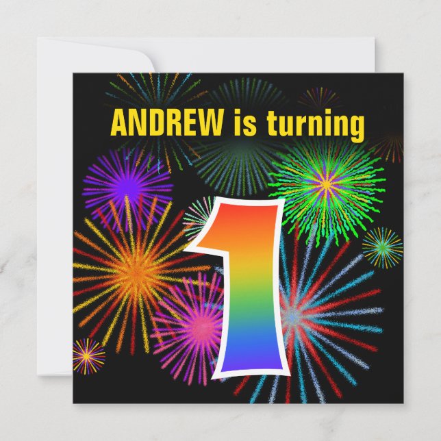 Roligt Fireworks + Rainbow Mönster ’1’ Birthday # Inbjudningar (Framsida)