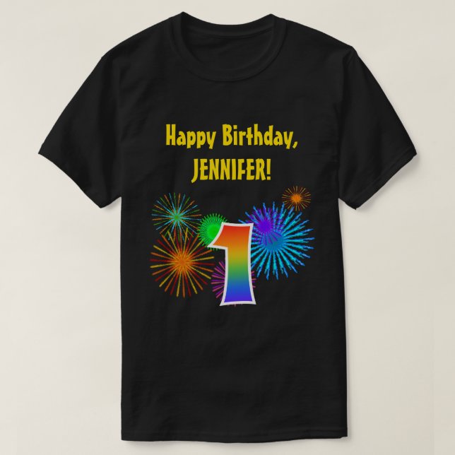 Roligt Fireworks + Rainbow Mönster ’1’ Birthday # T Shirt (Design framsida)