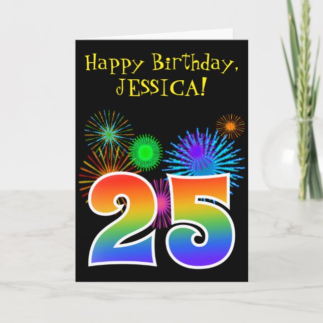 Roligt Fireworks + Rainbow Mönster "25" Birthday # Kort (Framsida)