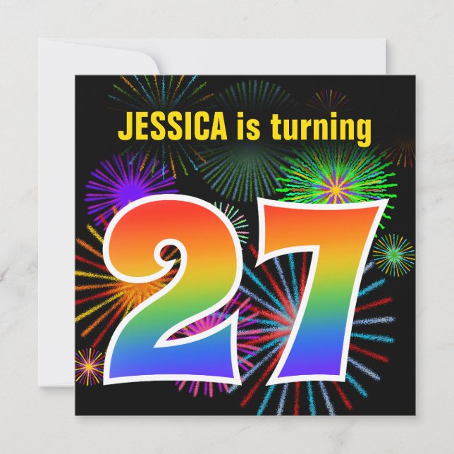 Roligt Fireworks + Rainbow Mönster "27" Birthday # Inbjudningar (Framsida)