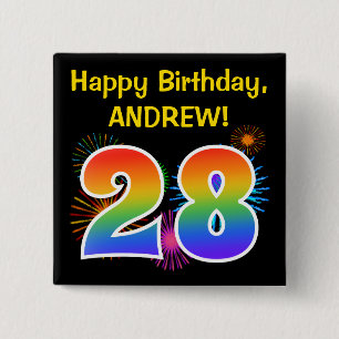 Roligt Fireworks + Rainbow Mönster "28" Birthday # Knapp