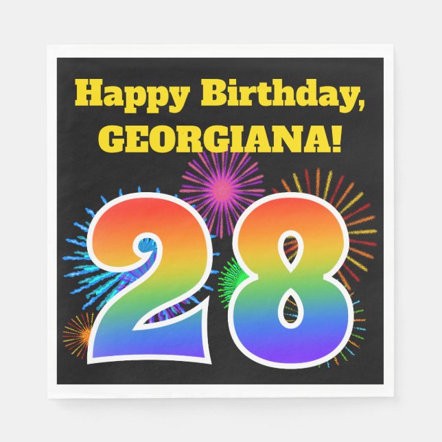 Roligt Fireworks + Rainbow Mönster "28" Birthday # Pappersservett (Framsidan)