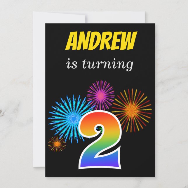 Roligt Fireworks + Rainbow Mönster ’2’ Birthday # Inbjudningar (Framsida)