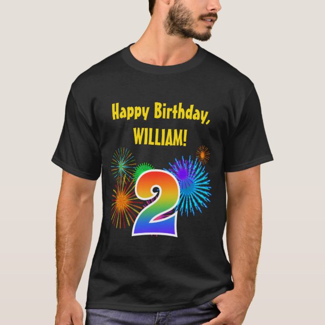 Roligt Fireworks + Rainbow Mönster ’2’ Birthday # T Shirt (Framsida)