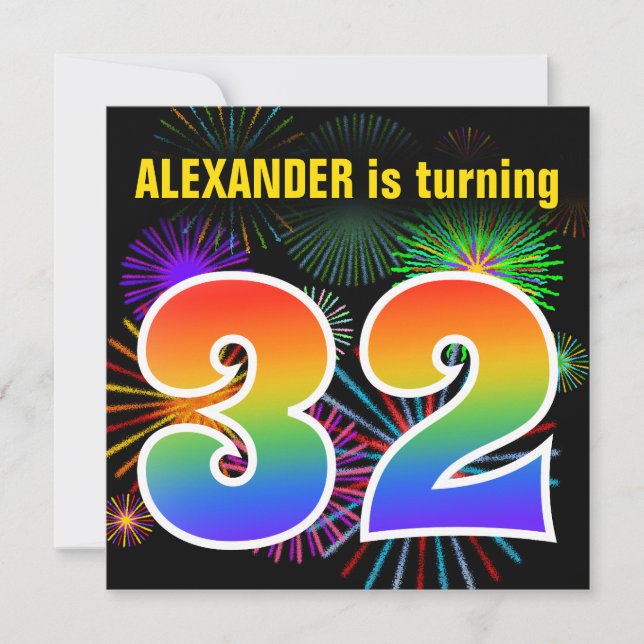 Roligt Fireworks + Rainbow Mönster ’32’ Birthday # Inbjudningar (Framsida)