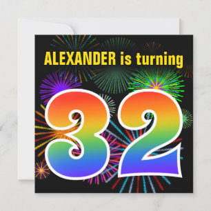 Roligt Fireworks + Rainbow Mönster ’32’ Birthday # Inbjudningar