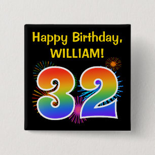 Roligt Fireworks + Rainbow Mönster ’32’ Birthday # Knapp
