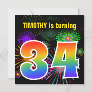 Roligt Fireworks + Rainbow Mönster ’34’ Birthday # Inbjudningar