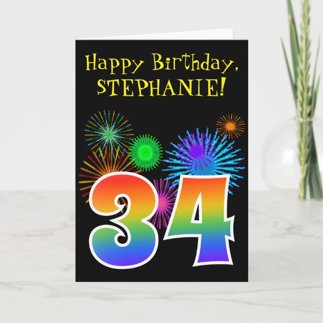 Roligt Fireworks + Rainbow Mönster ’34’ Birthday # Kort (Framsida)