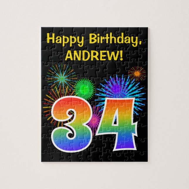 Roligt Fireworks + Rainbow Mönster ’34’ Birthday # Pussel (Vertikal)