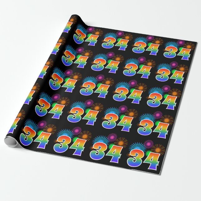 Roligt Fireworks + Rainbow Mönster "34"-händelsenu Presentpapper (Utrullad)