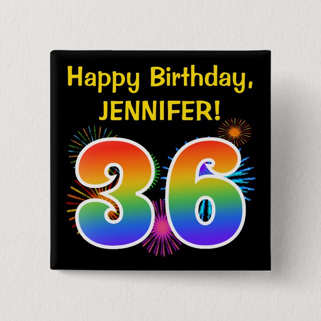 Roligt Fireworks + Rainbow Mönster ’36’ Birthday # Knapp (Framsida)