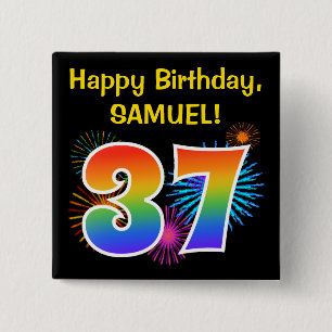 Roligt Fireworks + Rainbow Mönster "37" Birthday # Knapp