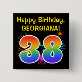 Roligt Fireworks + Rainbow Mönster "38" Birthday # Knapp