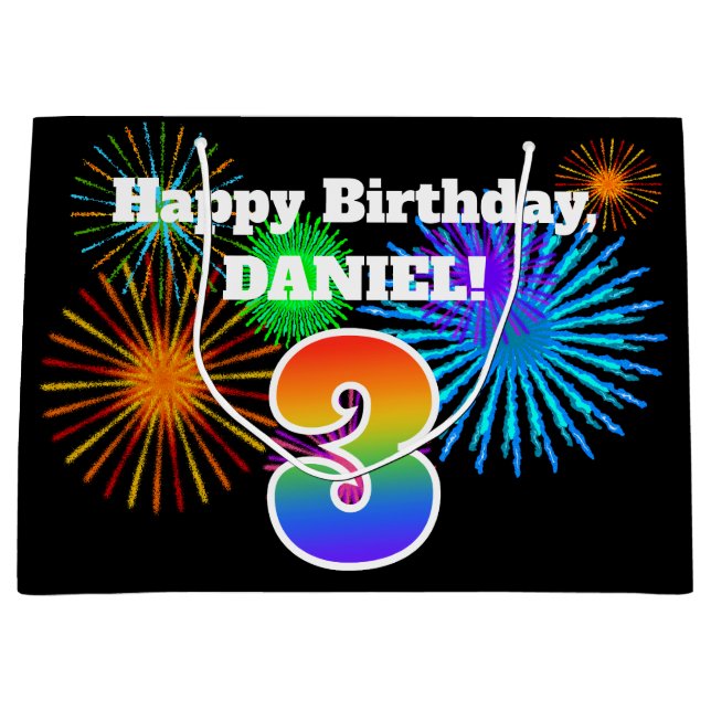 Roligt Fireworks + Rainbow Mönster ’3’ Birthday # (Framsidan)