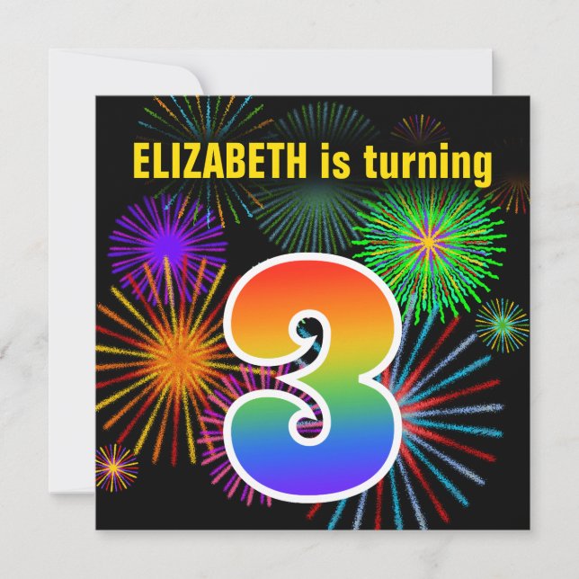 Roligt Fireworks + Rainbow Mönster ’3’ Birthday # Inbjudningar (Framsida)