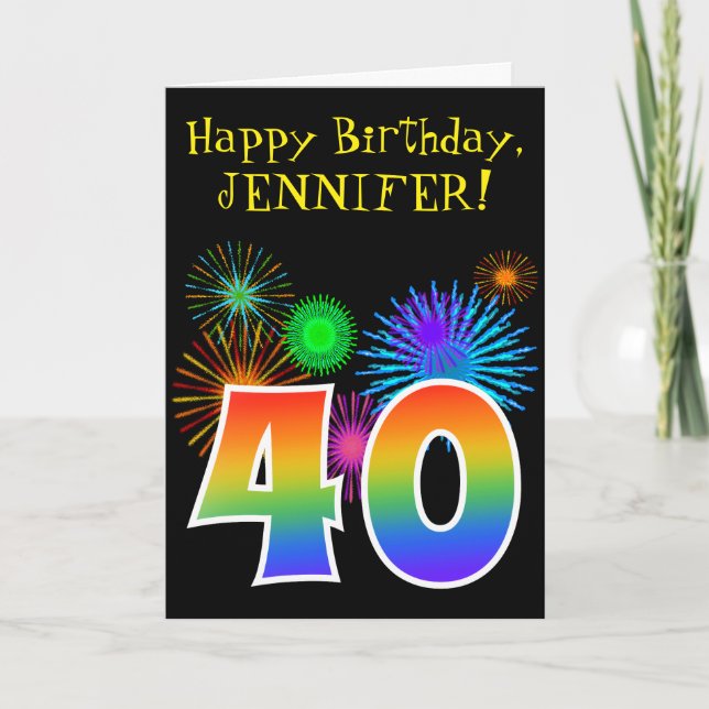 Roligt Fireworks + Rainbow Mönster "40" Birthday # Kort (Framsida)