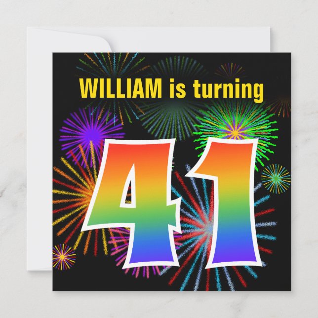 Roligt Fireworks + Rainbow Mönster "41" Birthday # Inbjudningar (Framsida)