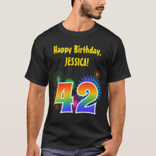 Roligt Fireworks + Rainbow Mönster "42" Birthday # T Shirt
