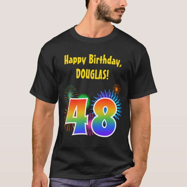 Roligt Fireworks + Rainbow Mönster "48" Birthday # T Shirt (Framsida)