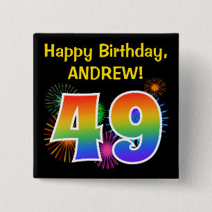 Roligt Fireworks + Rainbow Mönster "49" Birthday # Knapp