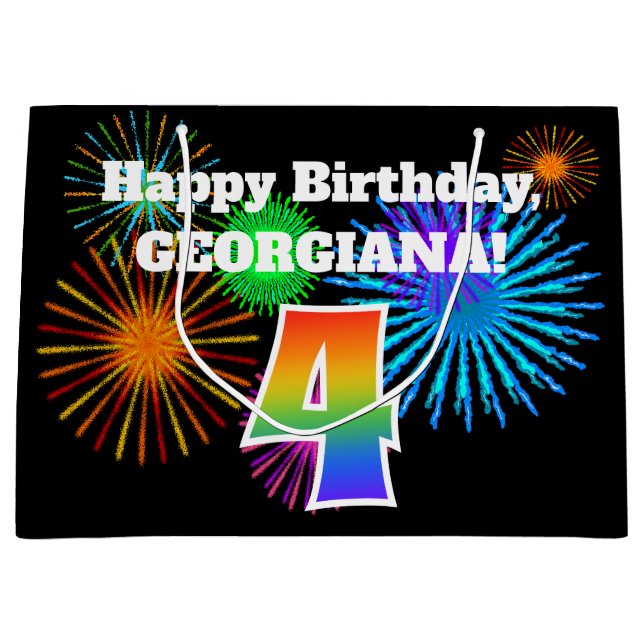 Roligt Fireworks + Rainbow Mönster ’4’ Birthday # (Framsidan)