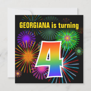 Roligt Fireworks + Rainbow Mönster ’4’ Birthday # Inbjudningar