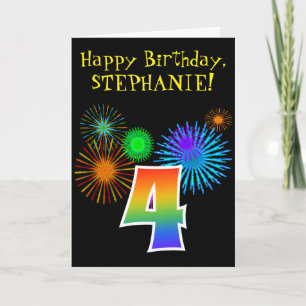 Roligt Fireworks + Rainbow Mönster ’4’ Birthday # Kort