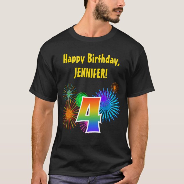 Roligt Fireworks + Rainbow Mönster ’4’ Birthday # T Shirt (Framsida)