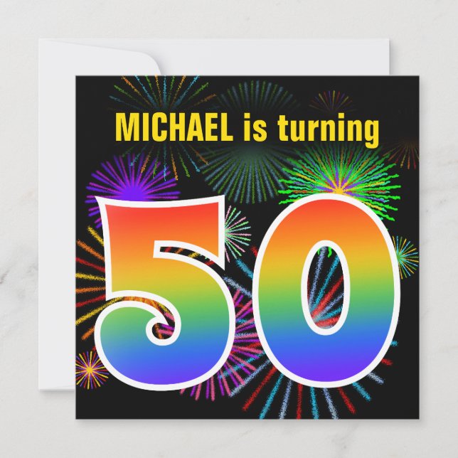 Roligt Fireworks + Rainbow Mönster ’50’ Birthday # Inbjudningar (Framsida)