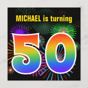 Roligt Fireworks + Rainbow Mönster ’50’ Birthday # Inbjudningar