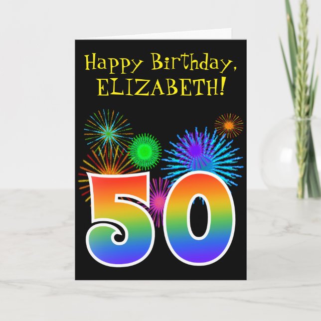 Roligt Fireworks + Rainbow Mönster ’50’ Birthday # Kort (Framsida)