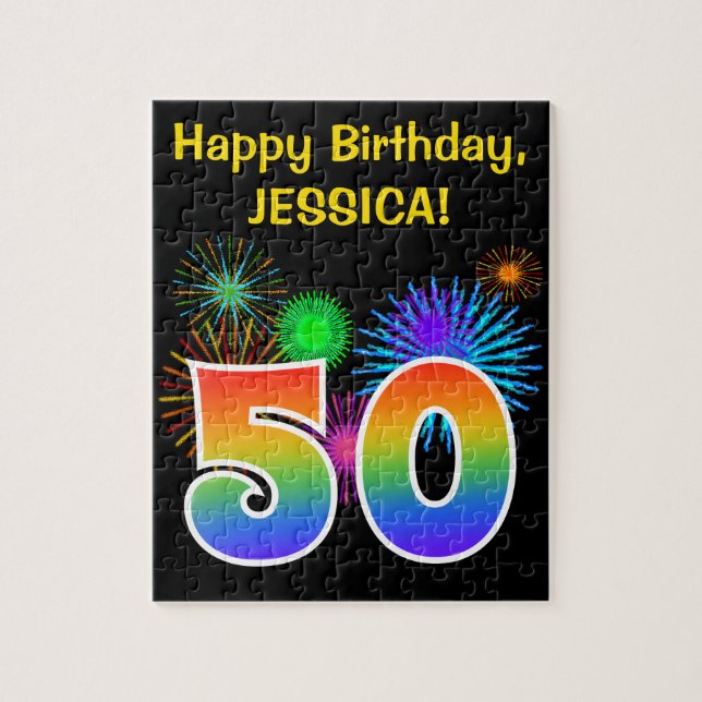 Roligt Fireworks + Rainbow Mönster ’50’ Birthday # Pussel (Vertikal)