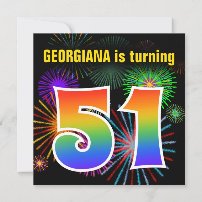 Roligt Fireworks + Rainbow Mönster ’51’ Birthday # Inbjudningar (Framsida)
