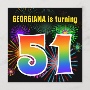 Roligt Fireworks + Rainbow Mönster ’51’ Birthday # Inbjudningar