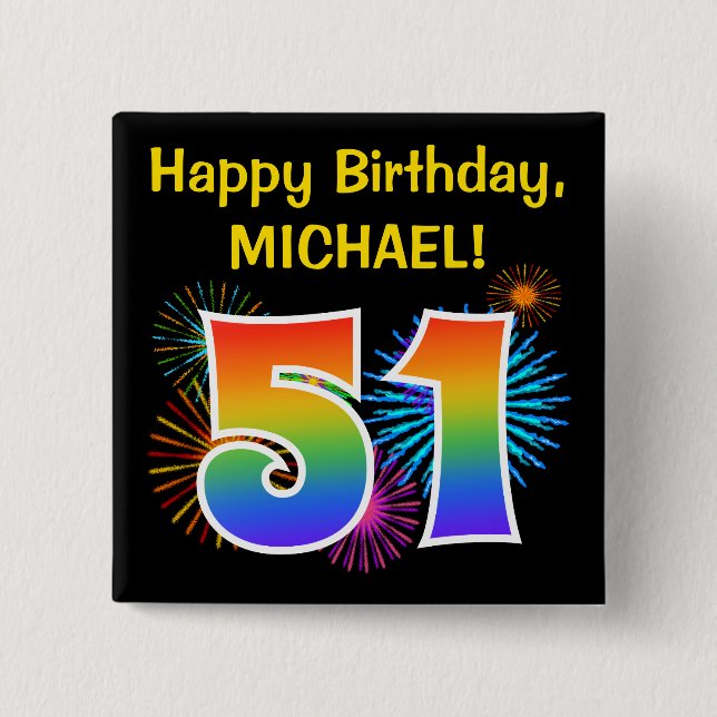 Roligt Fireworks + Rainbow Mönster ’51’ Birthday # Knapp (Framsida)