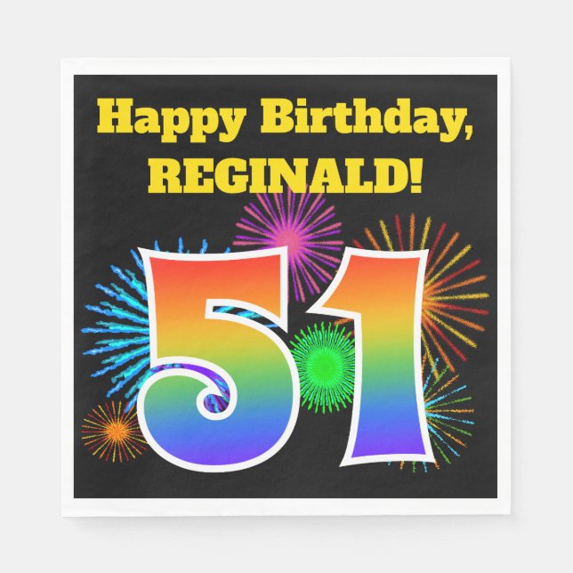 Roligt Fireworks + Rainbow Mönster ’51’ Birthday # Pappersservett (Framsidan)