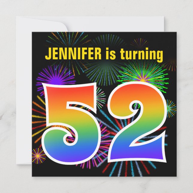 Roligt Fireworks + Rainbow Mönster ’52’ Birthday # Inbjudningar (Framsida)